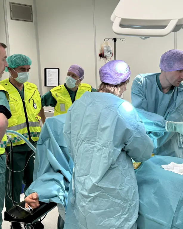 En gruppe mennesker i kirurgiske skrubb og masker i et rom