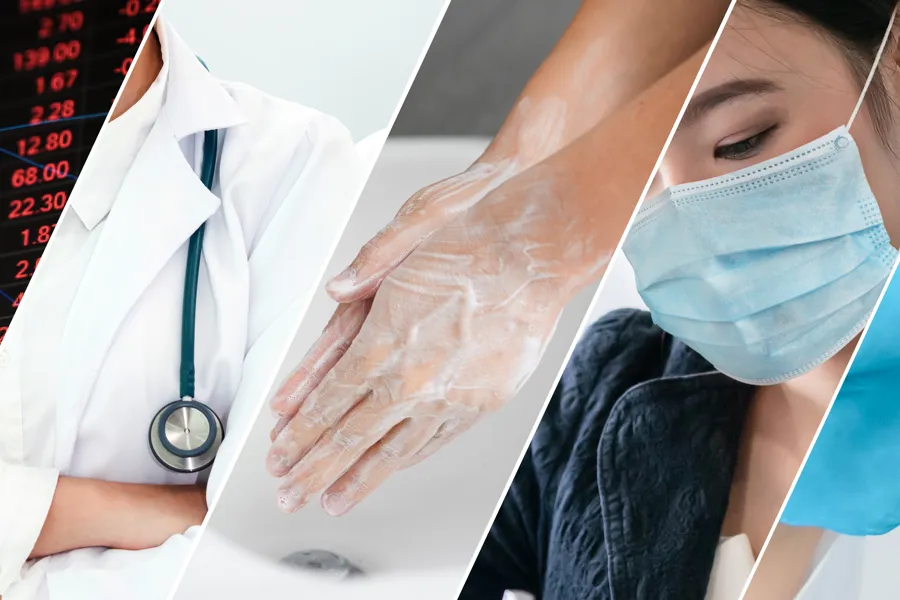 Flere bilder satt sammen som omhandler covid: viruset, håndvask, munnbind, vaksine